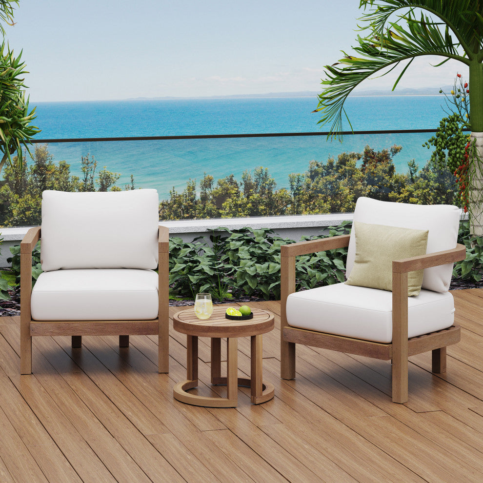 Aston Outdoor Acacia Wood 3 Piece Chat Set With Cushions, Beige and Brown Wash