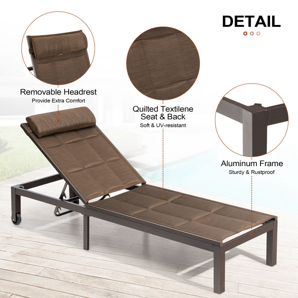 Outdoor Adjustable Quilted Chaise Lounge Chair with Wheels (Set of 2), Brown