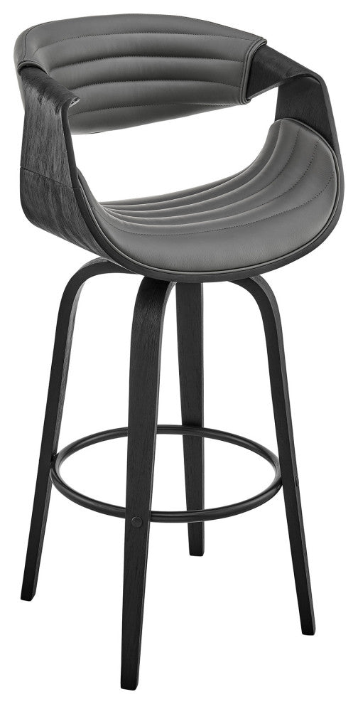 30" Gray Faux Leather and Black Wood Retro Chic Bar Stool