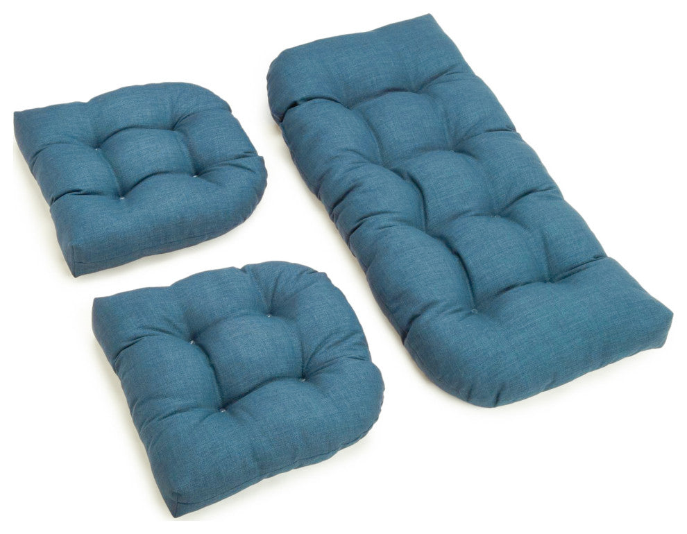 U-Shaped Solid Spun Polyester Tufted Settee Cushion Set, Set of 3, Sea Blue