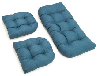 U-Shaped Solid Spun Polyester Tufted Settee Cushion Set, Set of 3, Sea Blue