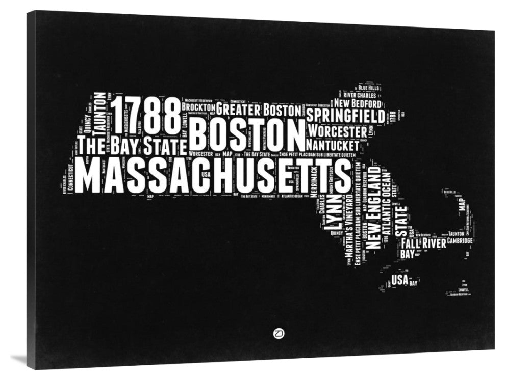 "Massachusetts Black and White Map" Fine Art Print