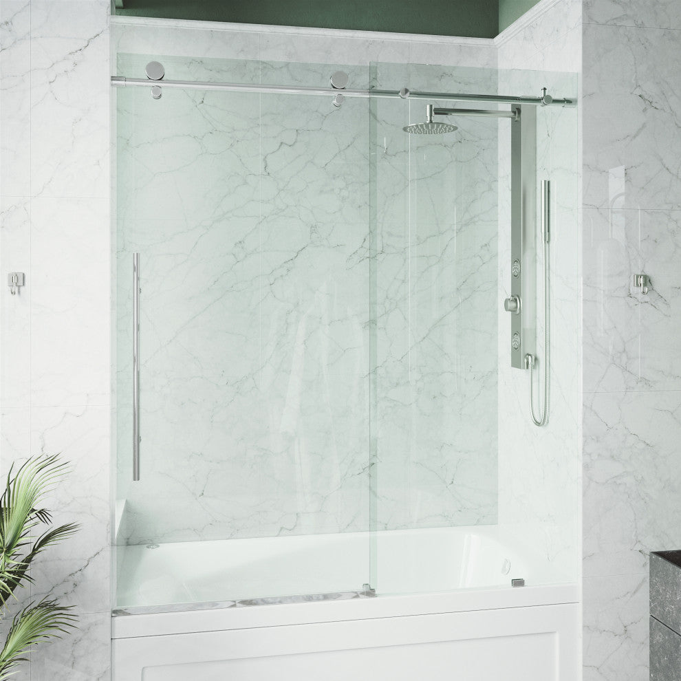 VIGO Elan E-Class 56" to 60" W x 66" H Frameless Sliding Tub Door, Chrome, Clear Glass