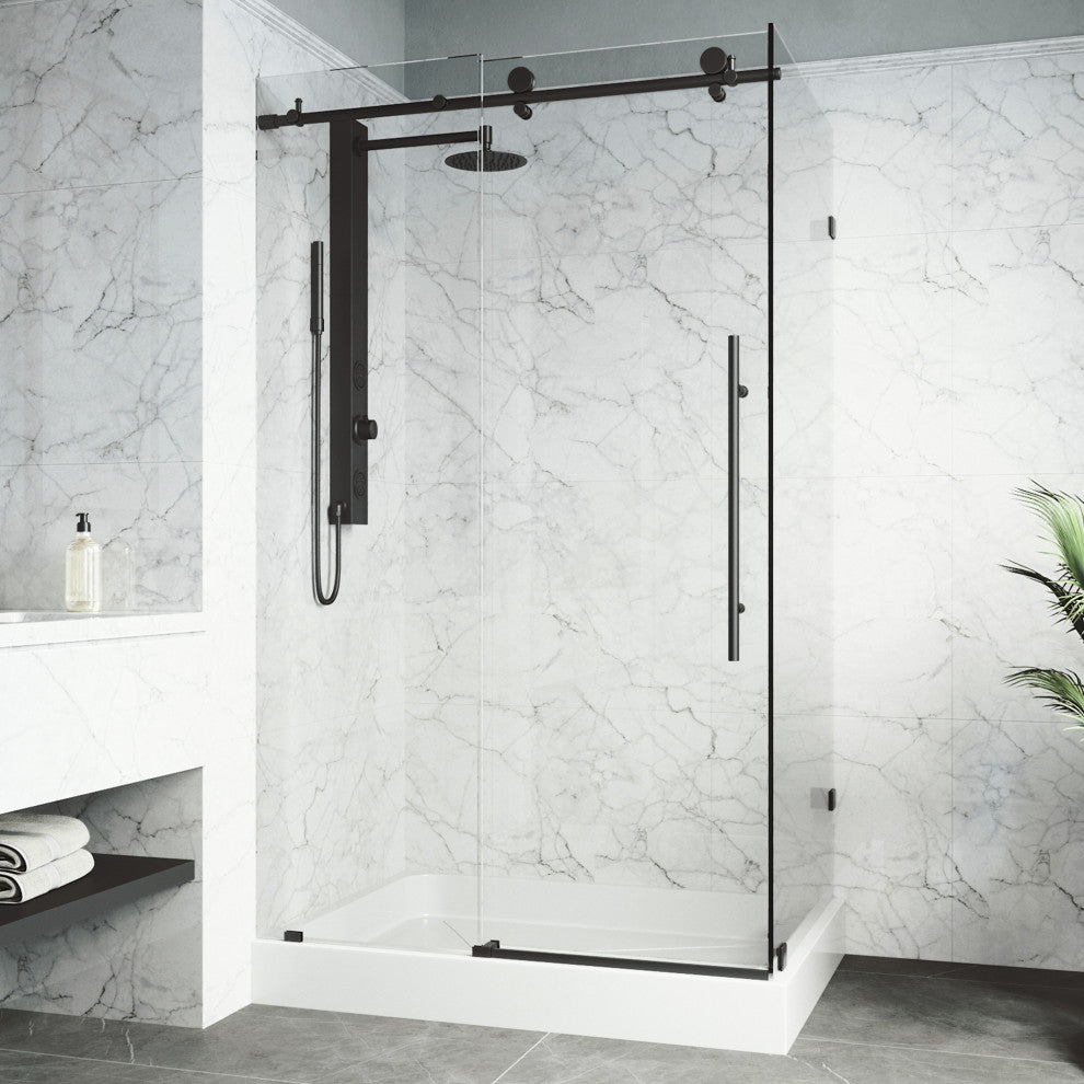 VIGO Elan E-Class Frameless Sliding Shower Enclosure, Matte Black, 36" D X 48" W X 82" H, Left Base