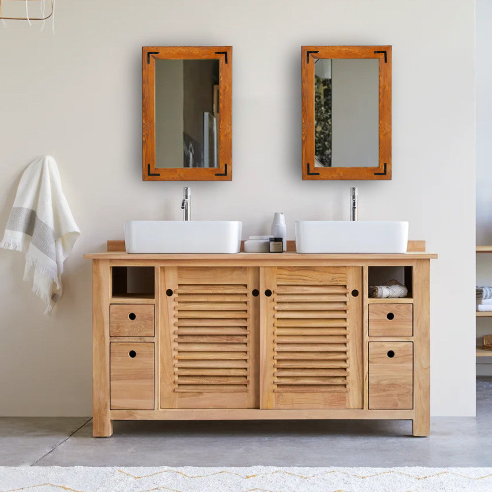Natural Wood Framed With Metal Corner Bracket Mirror, Natural