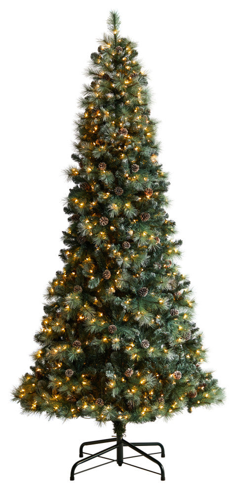 9' Frosted Tip British Columbia Mountain Pine Faux Xmas Tree W/Lights & Pinecone