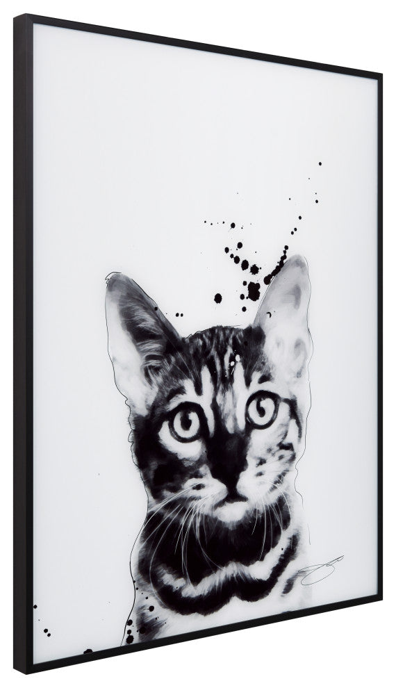 "Bengal Cat" Black and White Pet Paintings on Printed Glass with Anodized Frame