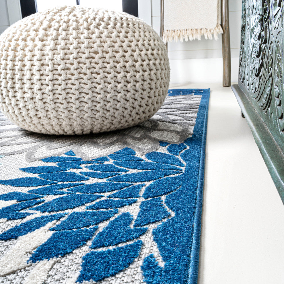 Minori Floral Indoor/Outdoor Area Rug, Blue/Gray, 2 X 8