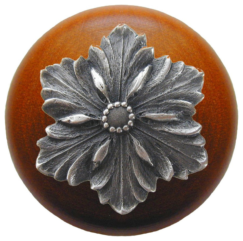 Opulent Flower Wood Knob, Antique Brass, Cherry Wood Finish, Antique Pewter