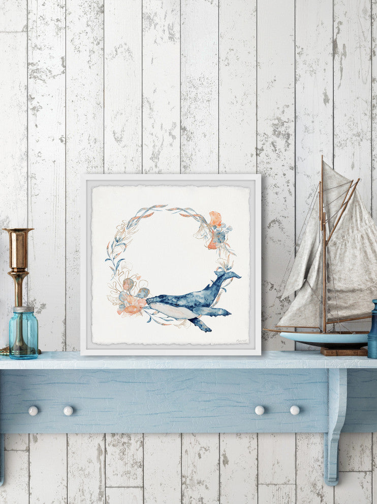 "Flower Crown Whale" Framed Painting Print, 18x18
