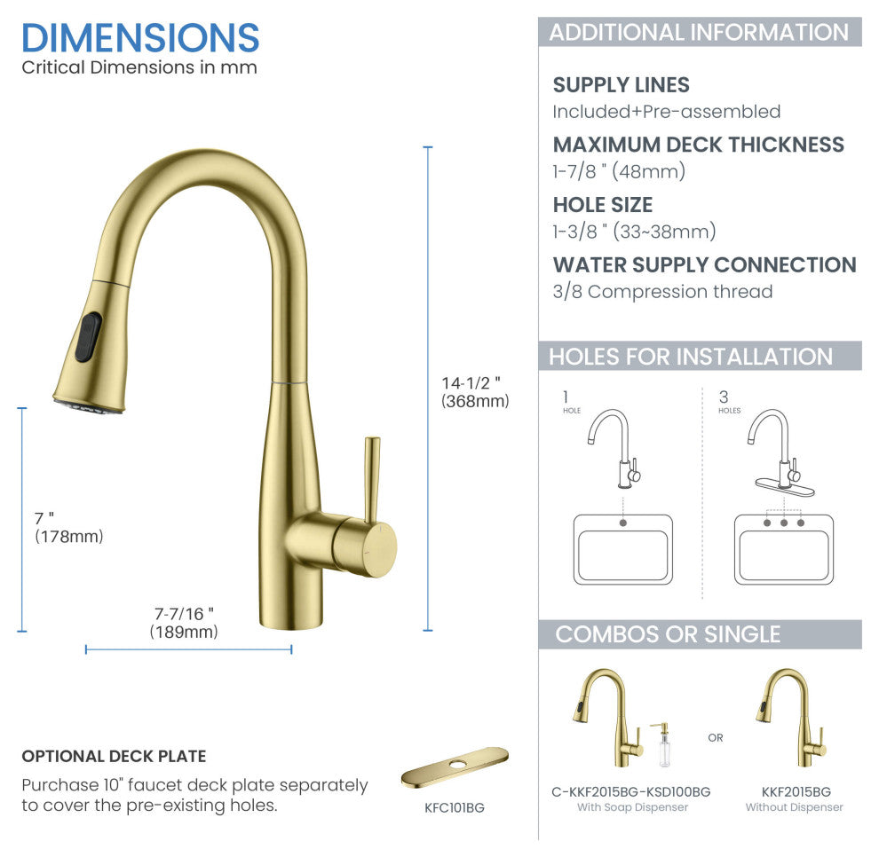 Bari Single Handle Pull Down Kitchen & Bar Sink Faucet, Brushed Gold