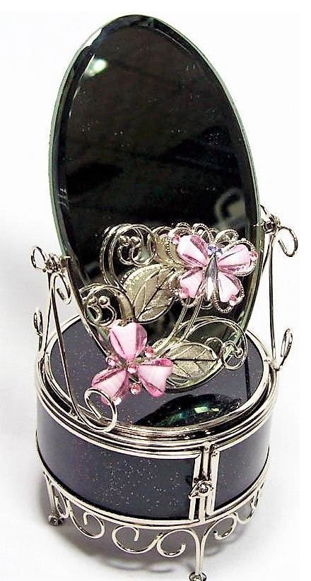 Elegance Pink Butterfly Jewelry Chest With Mirror