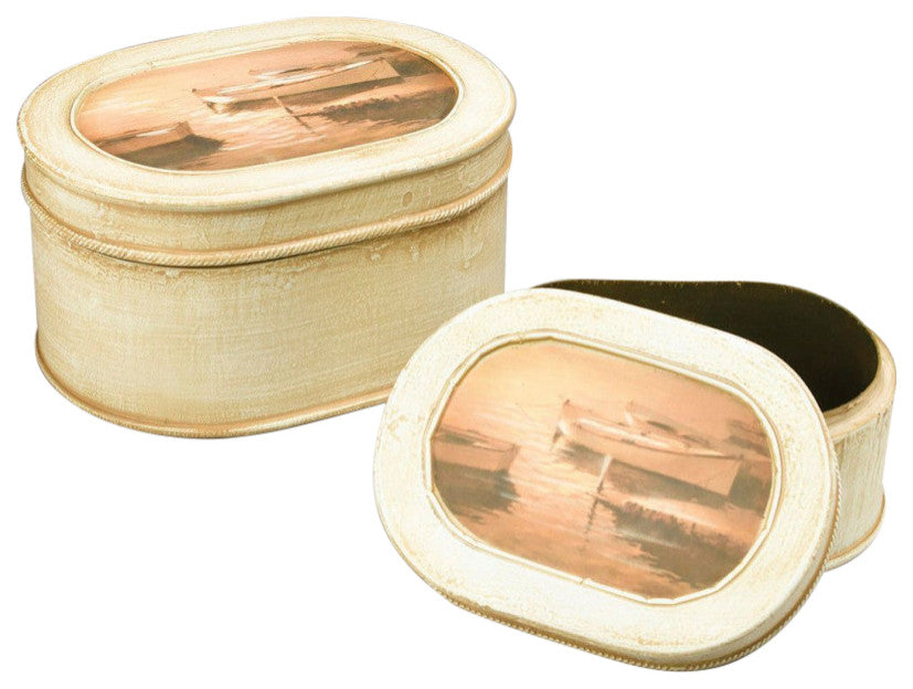 Danbury Resin Row Boat Design Decorative Box, Cream/Brown, 2-Piece Set