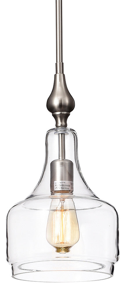 1-Light Brushed Nickel Inverted Jar Glass Shade Mini Pendant Ceiling Fixture