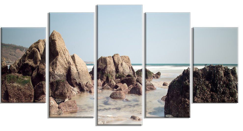 "Large Rocks At Coast Panorama" Seashore Wall Art, 5 Panels, 60"x32"