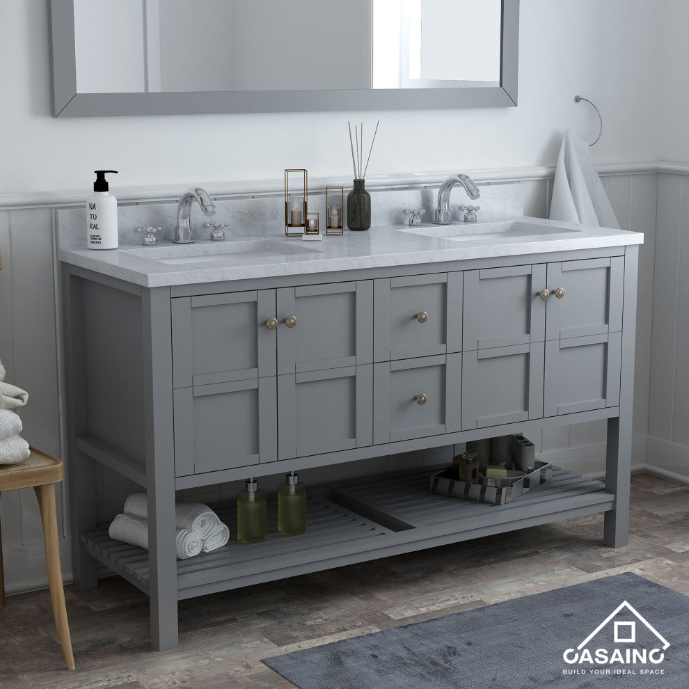 CASAINC 60" Marble Top Luxury Double Sink Bathroom Vanity, Gray