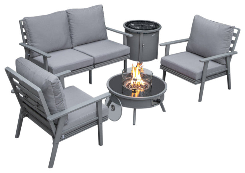 LeisureMod Walbrooke Grey Patio Sofa Set With Round Fire Pit Table, Grey