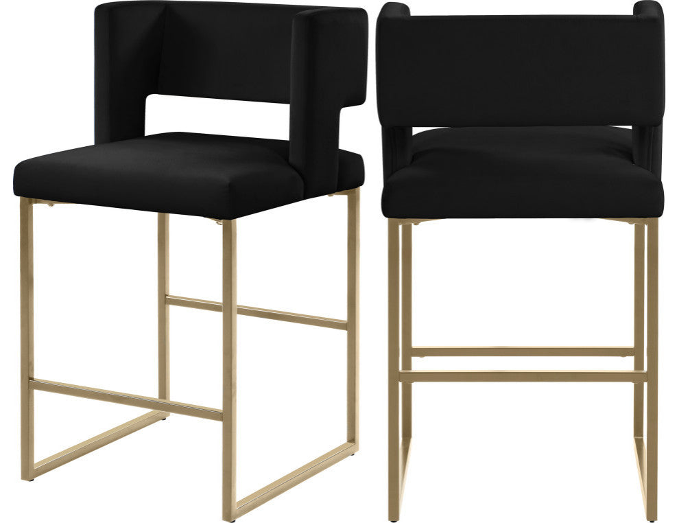Caleb Upholstered Counter Stool, Set of 2, Black, Velvet, Brushed Gold