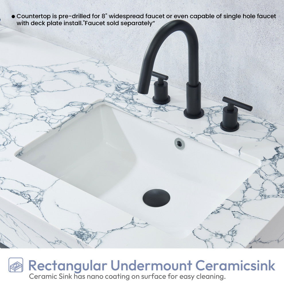 Ecija Bath Vanity, Metal Support with Stone Top, Matte Black, 60 in. Double Sink, No Mirror