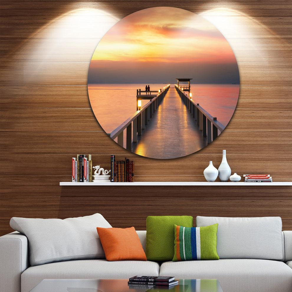 Yellowish Sky And Long Wooden Bridge, Seascape Round Wall Art, 23"
