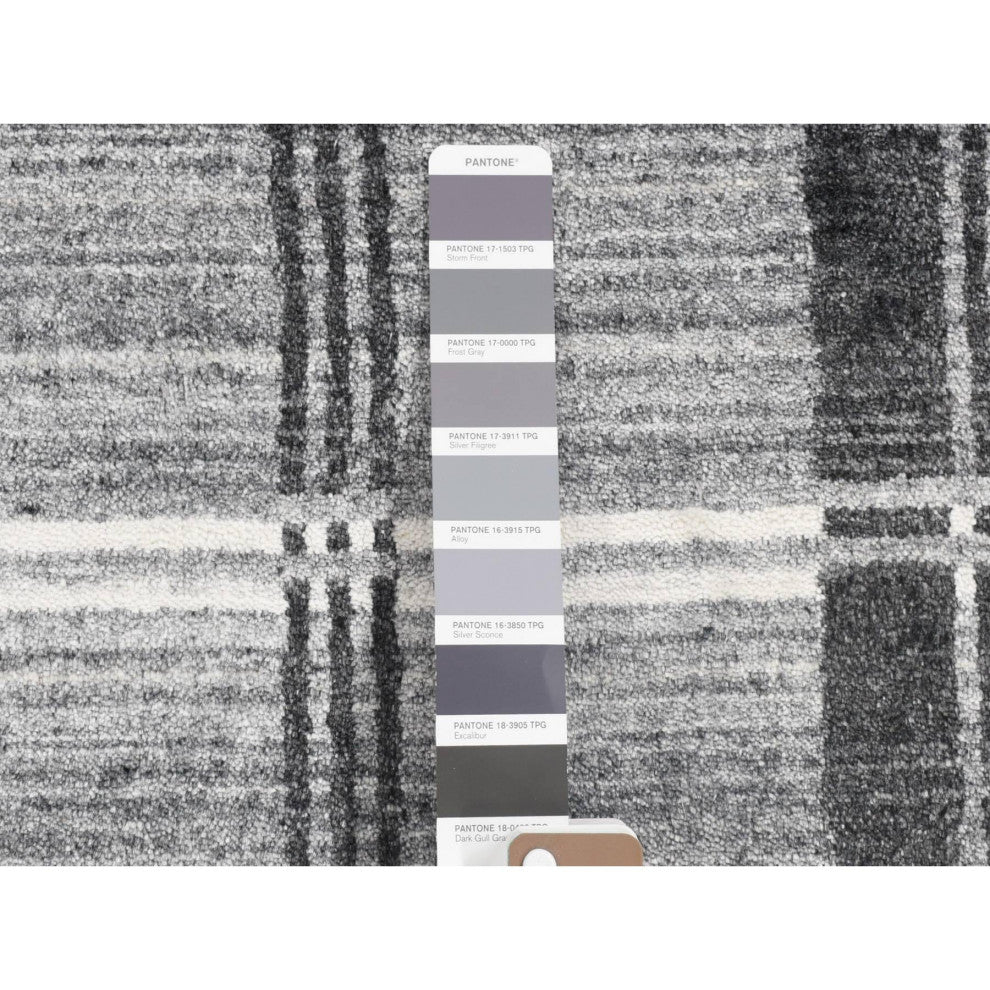 Charcoal Gray Modern Plaid Design Hand Loomed 100% Wool Oriental Rug 1'10"x2'10"