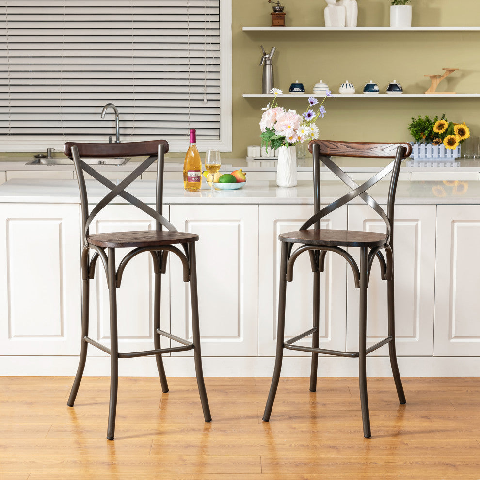 Rustic Steel Bar Stool With Solid Elm Wood Seat and Back Support, Set of 2