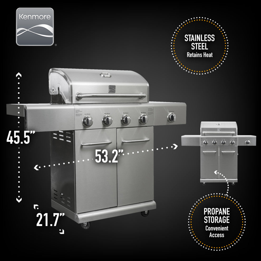 Kenmore 4 Burner Gas Grill with Searing Side Burner in Stainless Steel