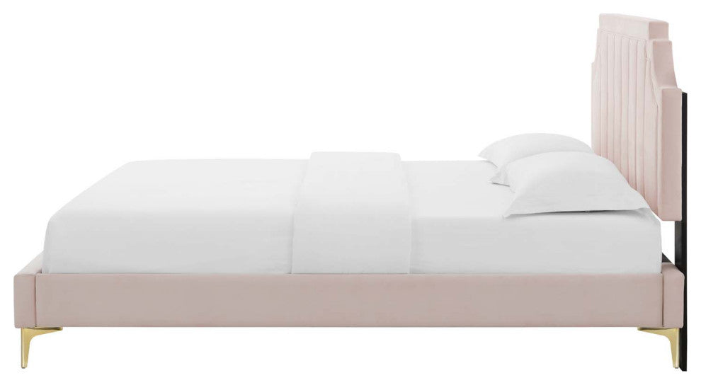 Platform Bed Frame, King Size, Velvet, Pink, Modern Contemporary, Bedroom Master
