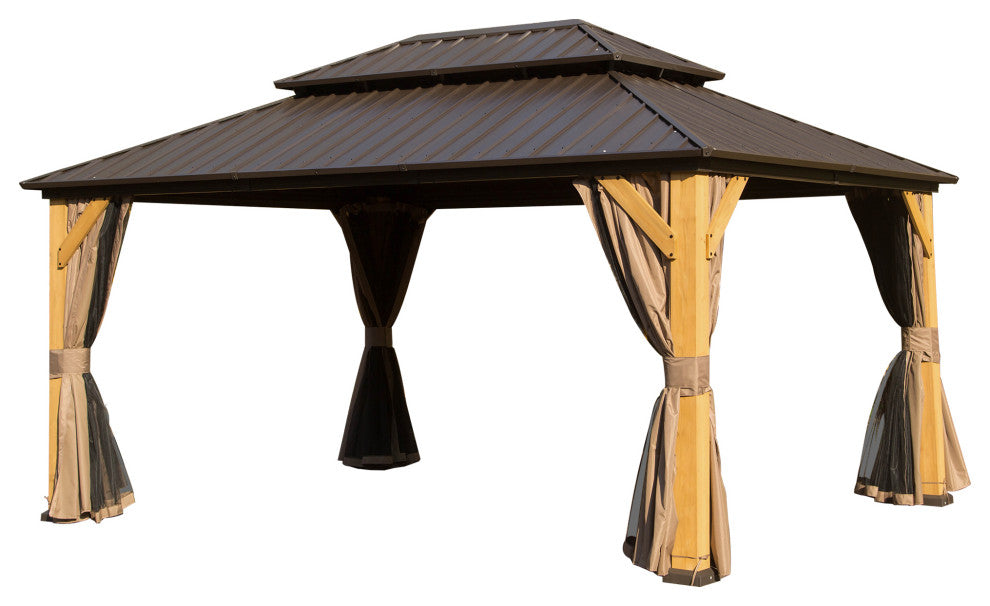 Cedar Wood Gazebo, Solid Wood Hardtop Gazebo with Galvanized Steel Double Roof