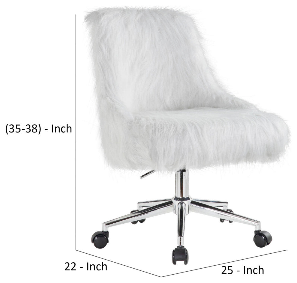 Benzara BM269063 Swivel Office Chair With Faux Fur Fabric, White and Chrome