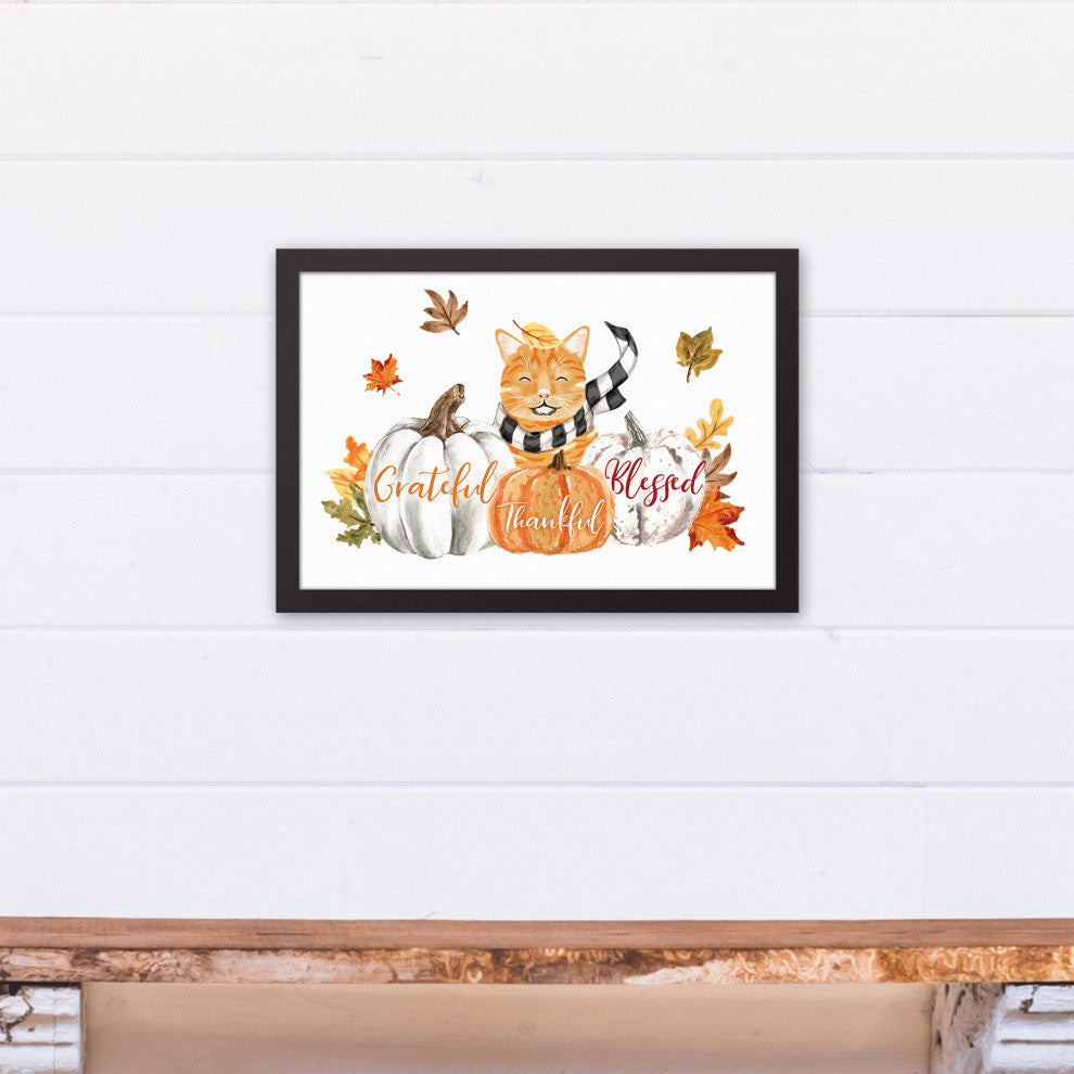 Kitty With Pumpkins 19.73 x 13.73 Black Framed Canvas