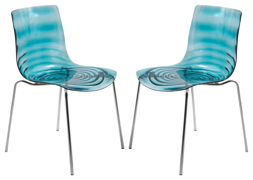 Leisuremod Astor Plastic Dining Chair with Chrome Base, Set of 2, Transparent Blue