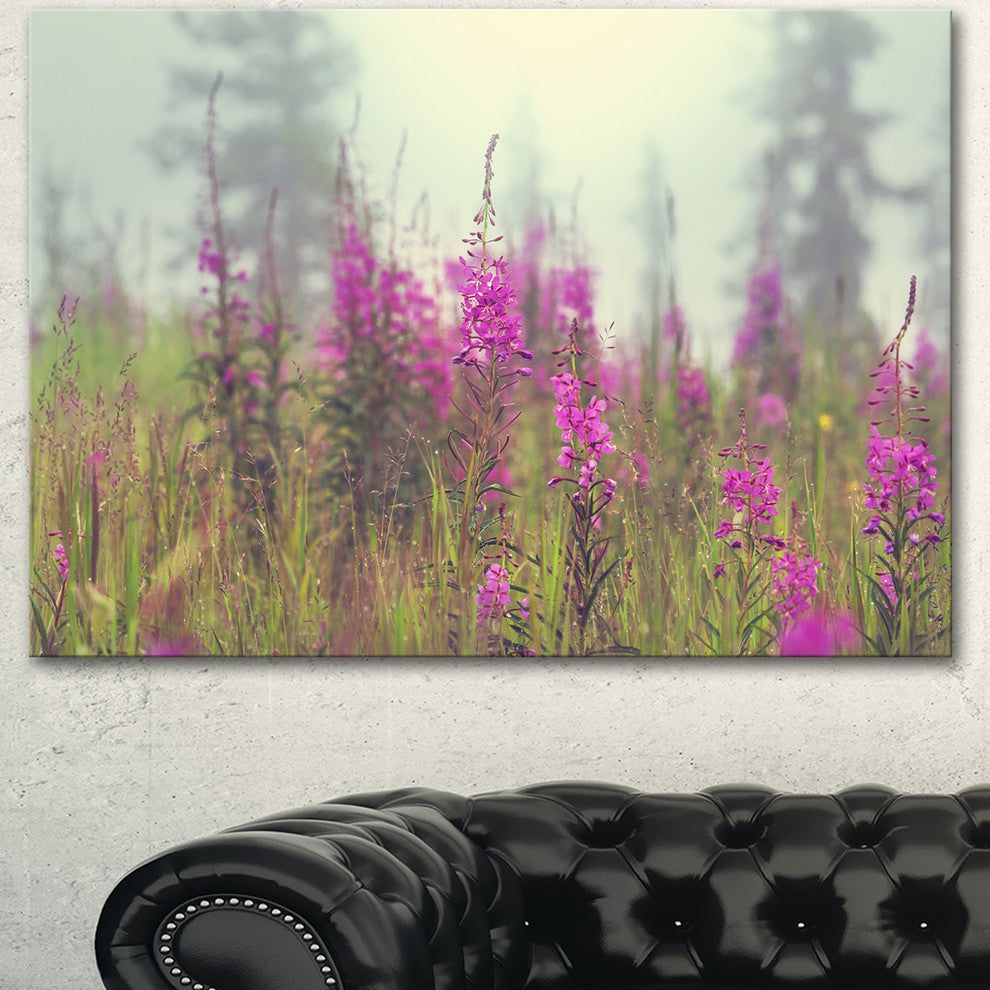 Purple Summer Flowers in Foggy Field, Floral Art Canvas Print, 40"x30"