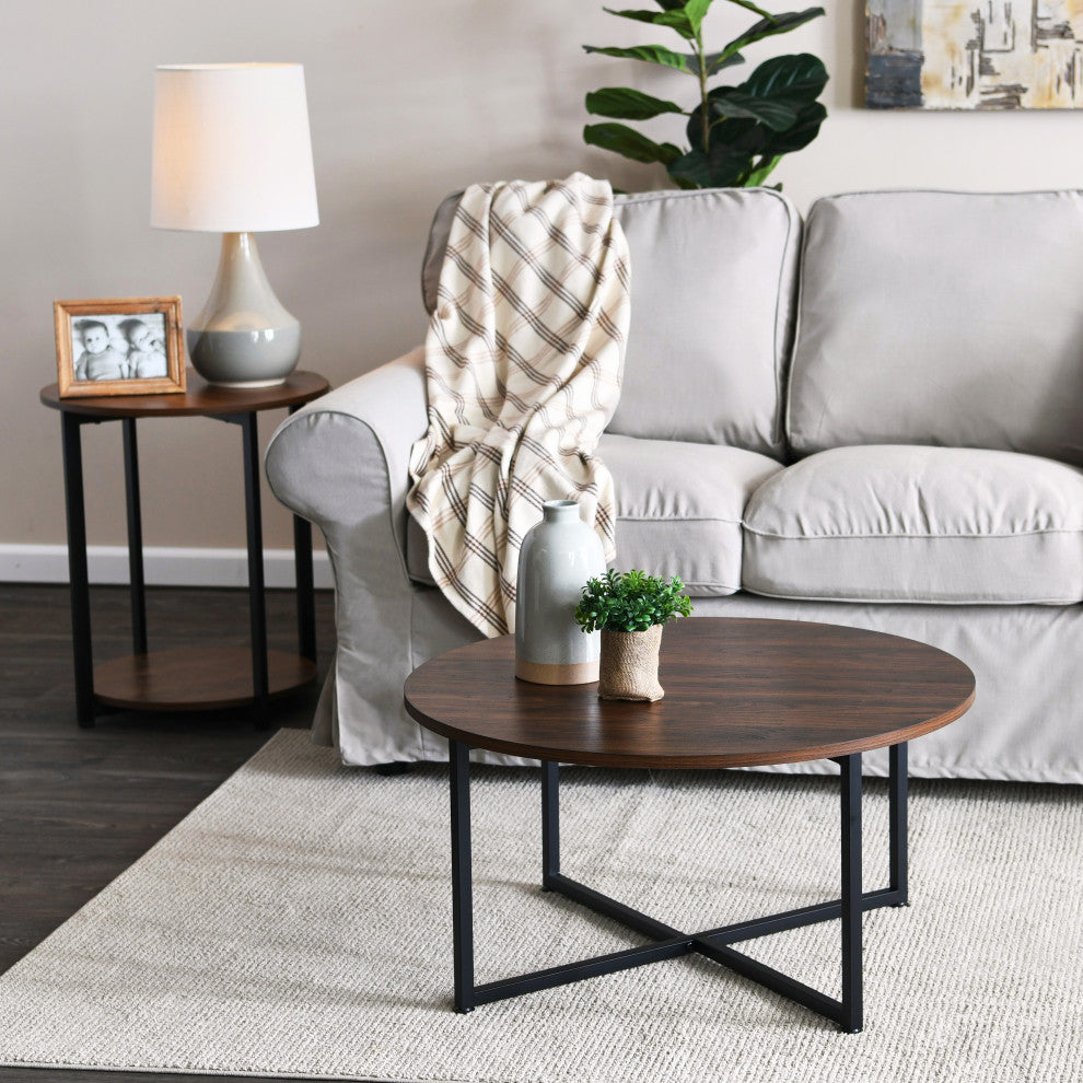 Jamestown Round Coffee Table Mid Century Walnut Wood Grain and Black Metal