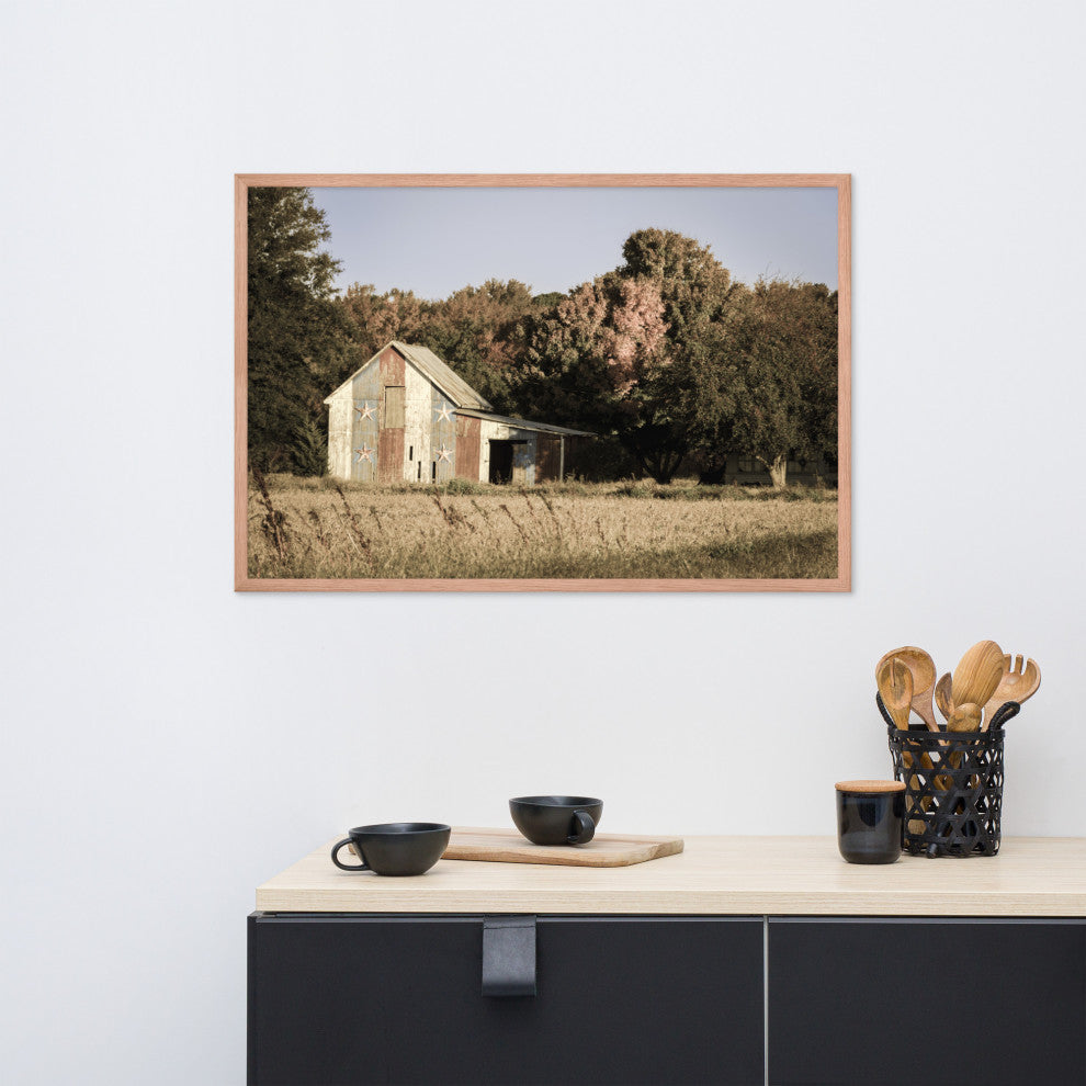 Patriotic Barn in Field Aged Effect Framed Photo Paper Wall Art Prints, Red Oak, 24" X 36"