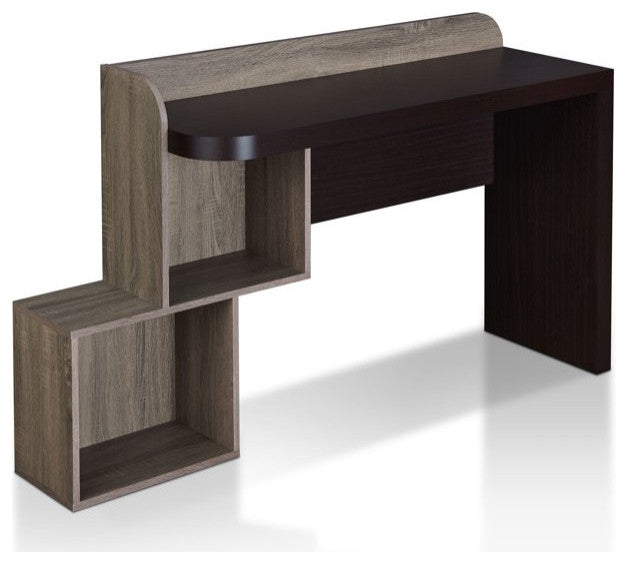 Modern Desk, Unique Design With Large Worktop & 2 Open Cubbies, Walnut Brown