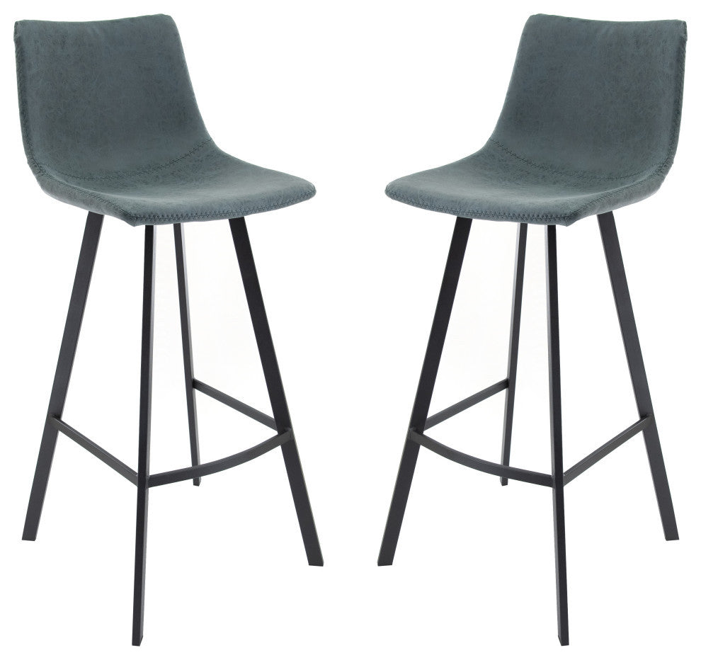 LeisureMod Elland Modern Leather Bar Stool Iron Legs Set of 2, Peacock Blue