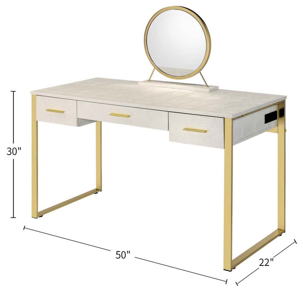 3 Drawers Vanity Desk With Mirror, Antique White and Champagne