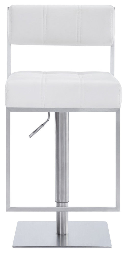 35" Metal and Leatherette Barstool, Silver and White