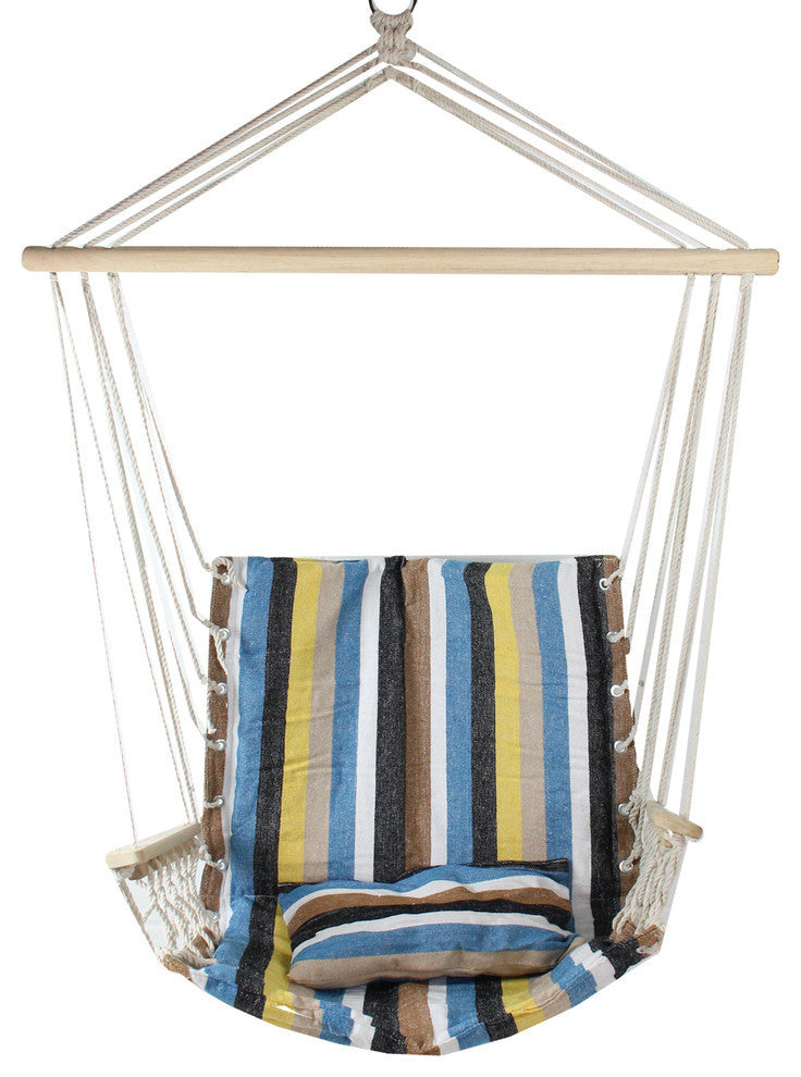 21"x37" Blue  Brown and Yellow Striped Hammock Chair With Pillow and Armrests