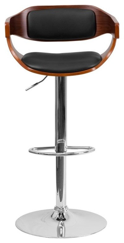 Walnut Bentwood Adjustable Height Barstool With Black Vinyl Upholstery