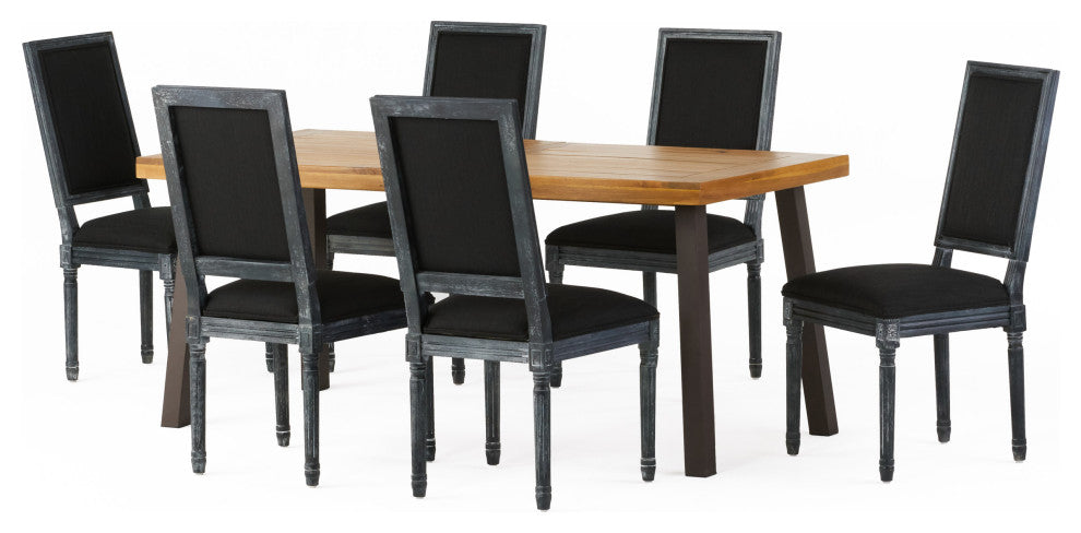 Marten Farmhouse Fabric Upholstered Wood and Cane 7 Piece Dining Set, Black + Grey + Rustic Metal + Natural Stained