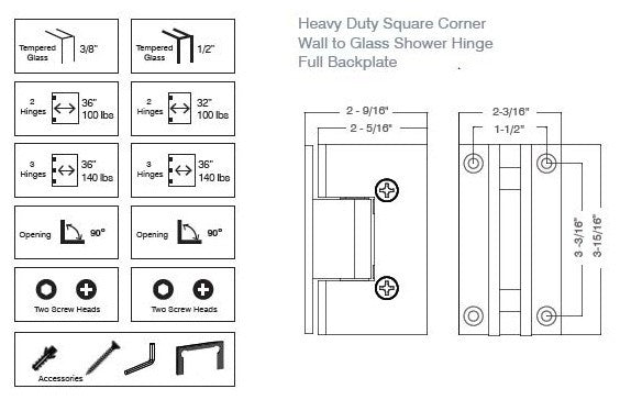 Heavy Duty Square Corner Shower Hinge, Full Back Plate, Brushed Nickel