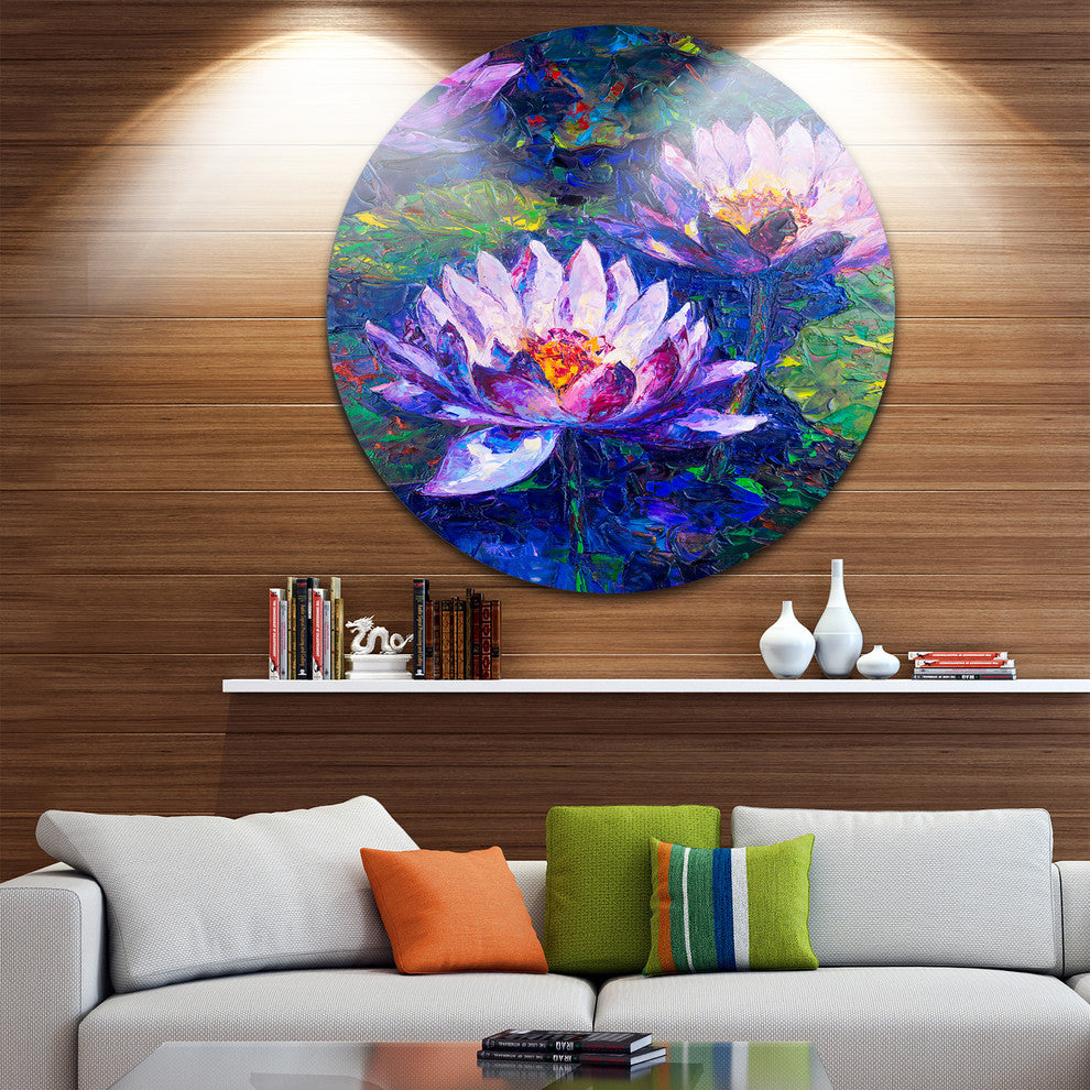 Blue Lotus Oil Painting, Floral Round Wall Art, 11"