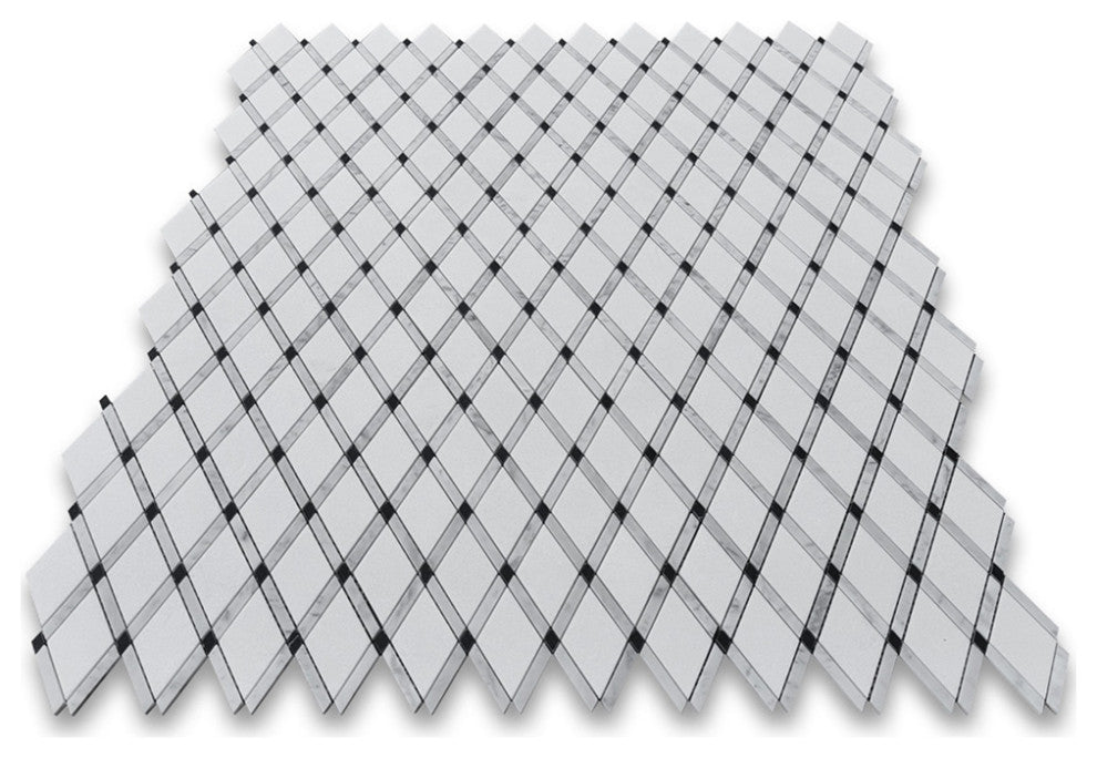 Thassos White Marble Diamond Lattice Mosaic Tile White Marquina Black, 1 sheet