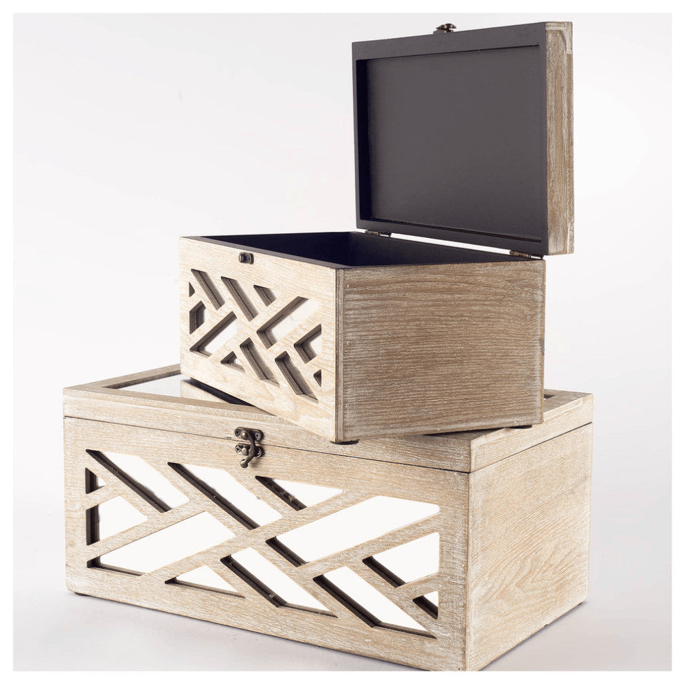 Set of Two Off White Mirrored Wooden Boxes