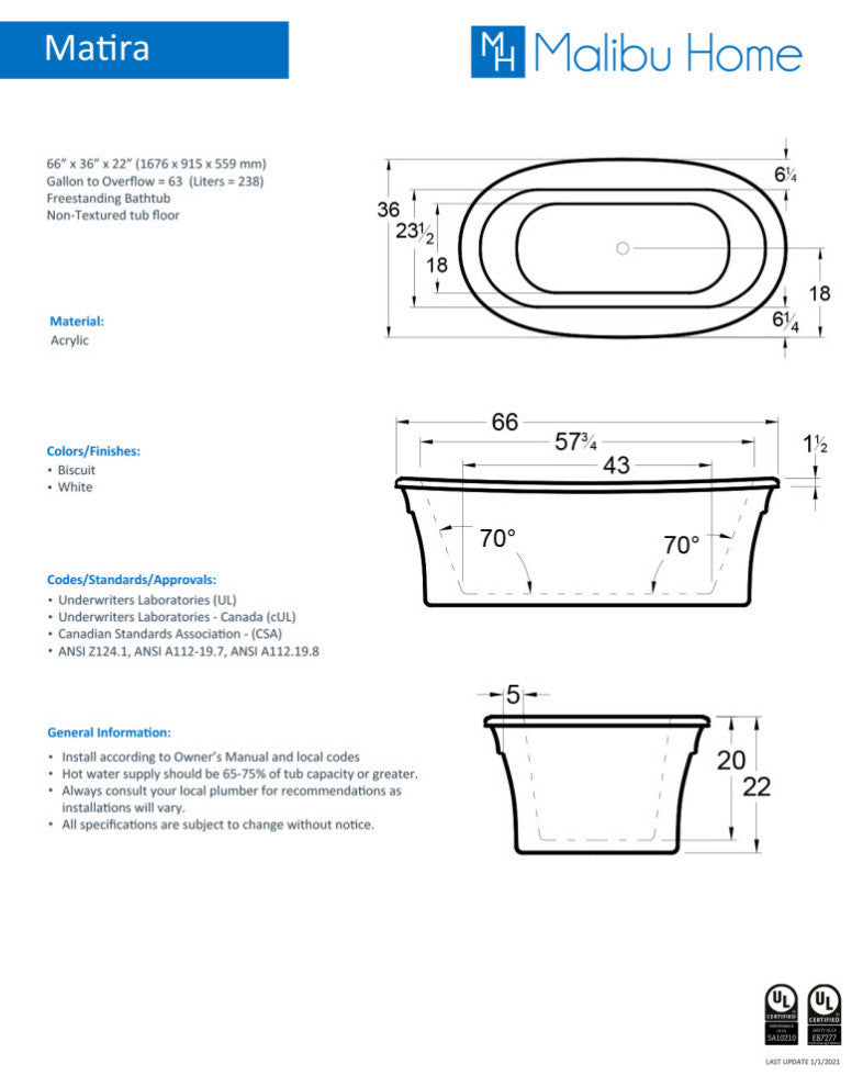 Malibu Matira Oval Soaking Bathtub 66x36x22 Biscuit