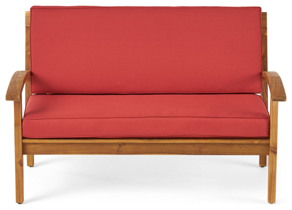 GDF Studio Keanu Outdoor Acacia Wood Loveseat and Coffee Table Set With Cushions, Red