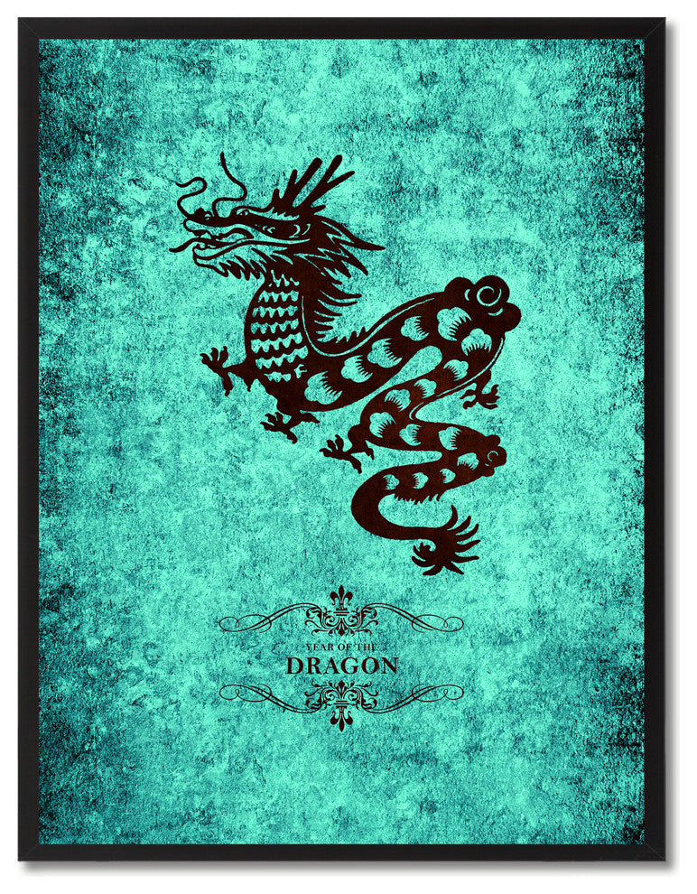 Dragon Chinese Zodiac Aqua Print on Canvas with Picture Frame, 22"x29"