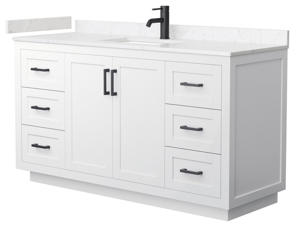 60"SGL Vanity White, Light-Vein Carrara Cult. Marble Top, Sink, Black Trim